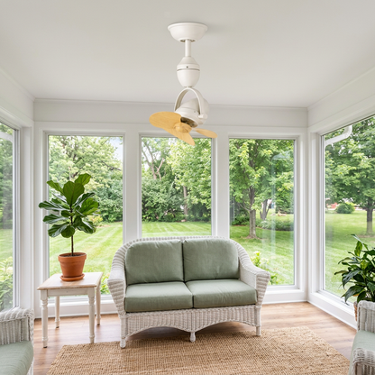 Rotella Pivot Ceiling Fan in White &amp; Wood Color in a Minneapolis sunroom
