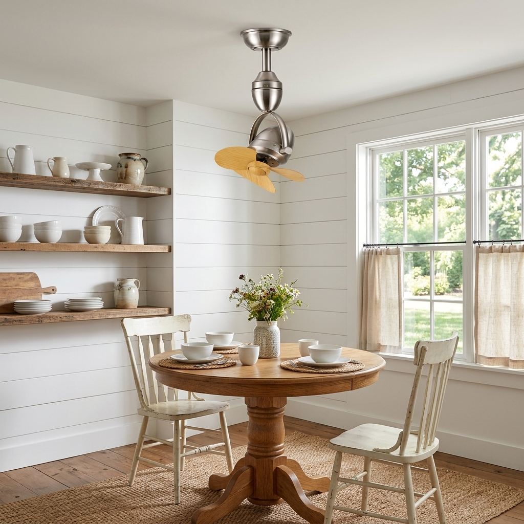 Rotella Pivot Ceiling Fan in Nickel &amp; Wood Color in a Nashville farmhouse kitchen nook