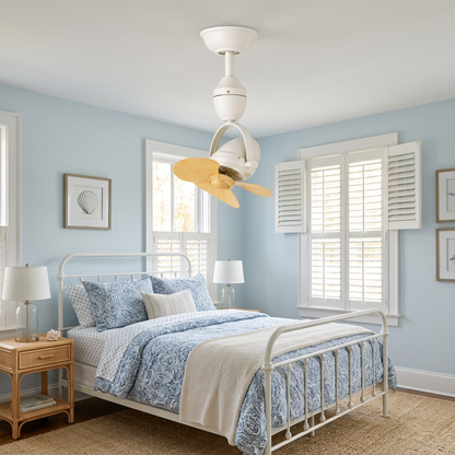 Rotella Pivot Ceiling Fan in White &amp; Wood Color in a Charleston cottage bedroom