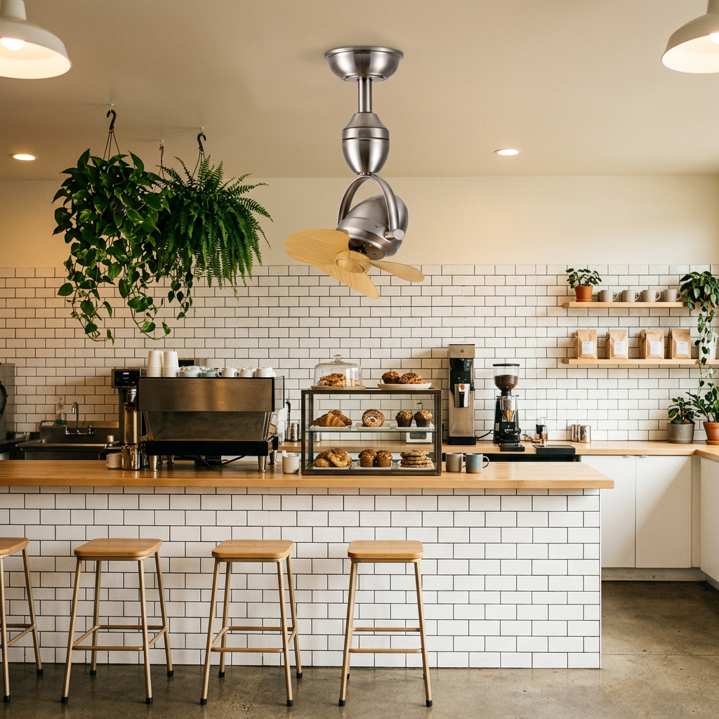 Rotella Pivot Ceiling Fan in Nickel &amp; Wood Color in a Portland coffee shop