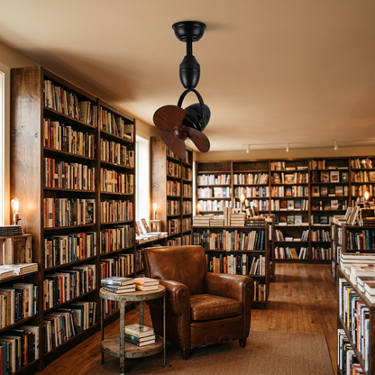 Rotella Pivot Ceiling Fan in Black &amp; Walnut Color in an Austin bookstore