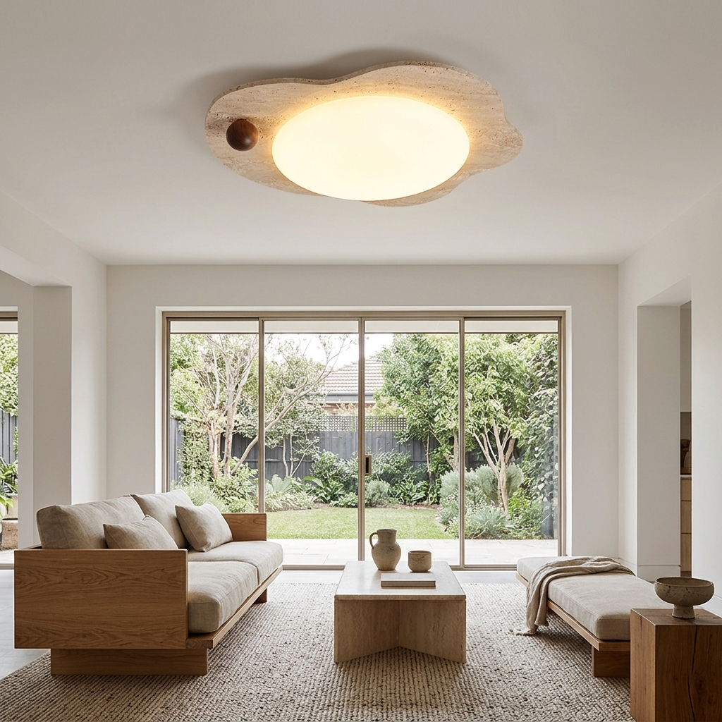Nuvola Travertine Cloud Ceiling Light in Yellow Travertine &amp; White apartment living room