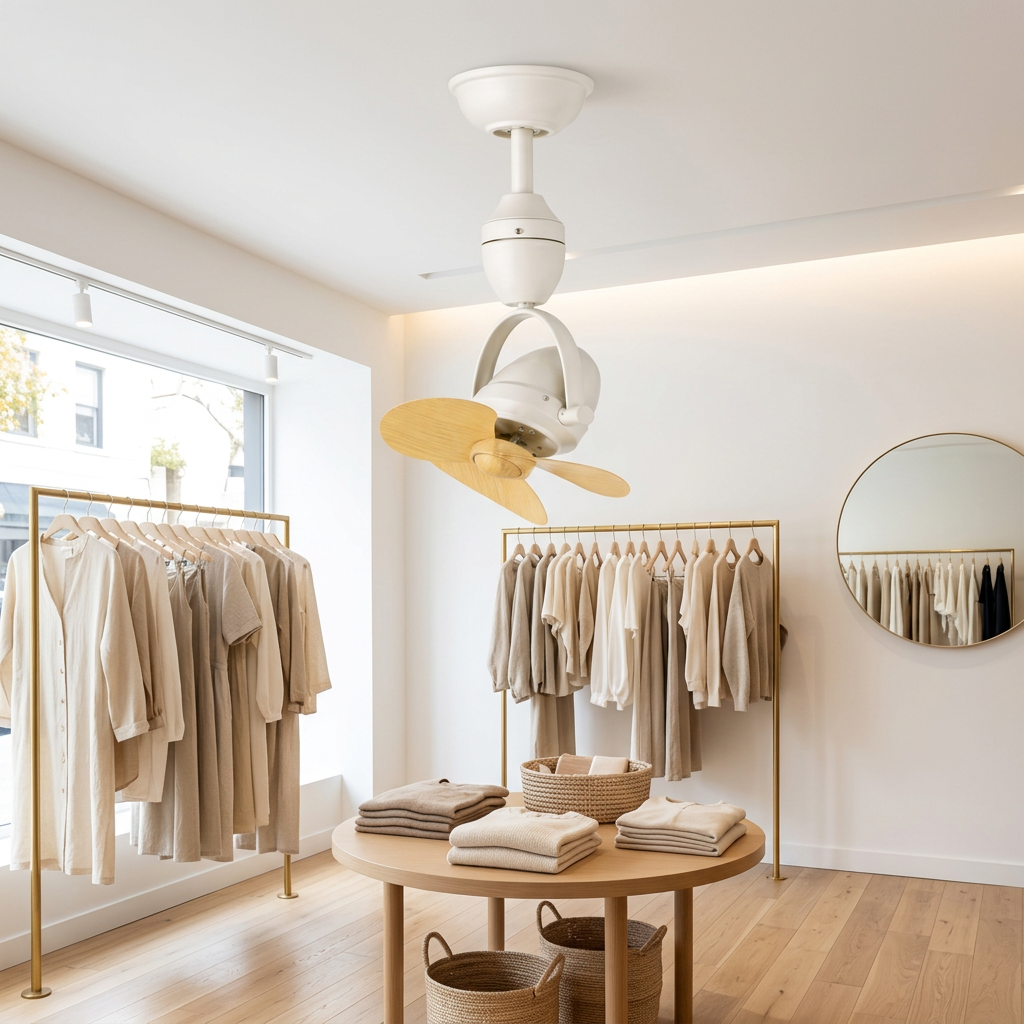 Rotella Pivot Ceiling Fan in White &amp; Wood Color in a San Diego boutique