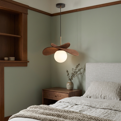 Palmera Raffia Pendant in Brown &amp; White beside a bed in a bungalow bedroom