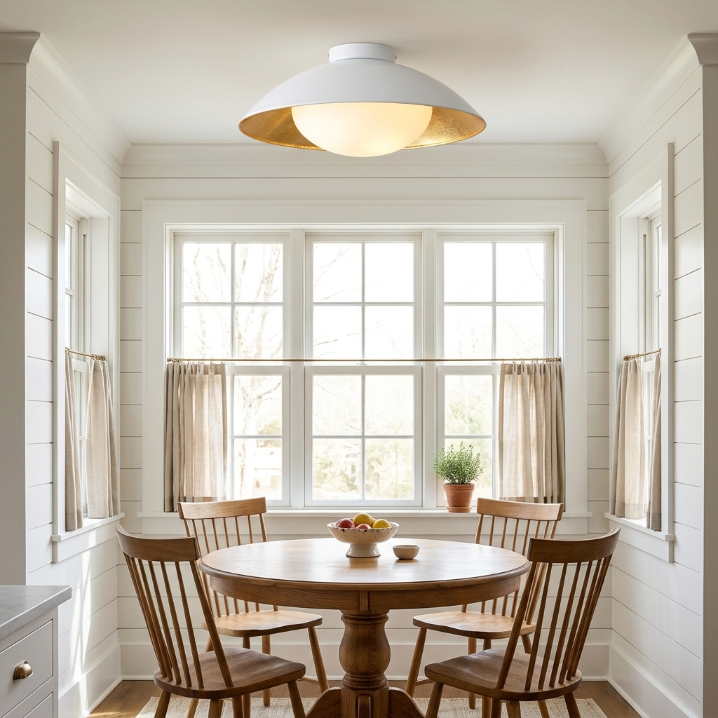 Ombrelle Dome Light in White &amp; Gold in a farmhouse breakfast nook