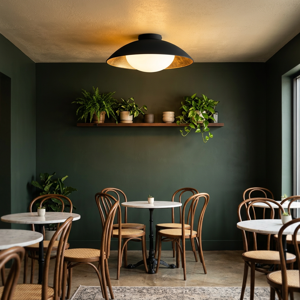 Ombrelle Dome Light in Black &amp; Gold in a coffee shop seating area