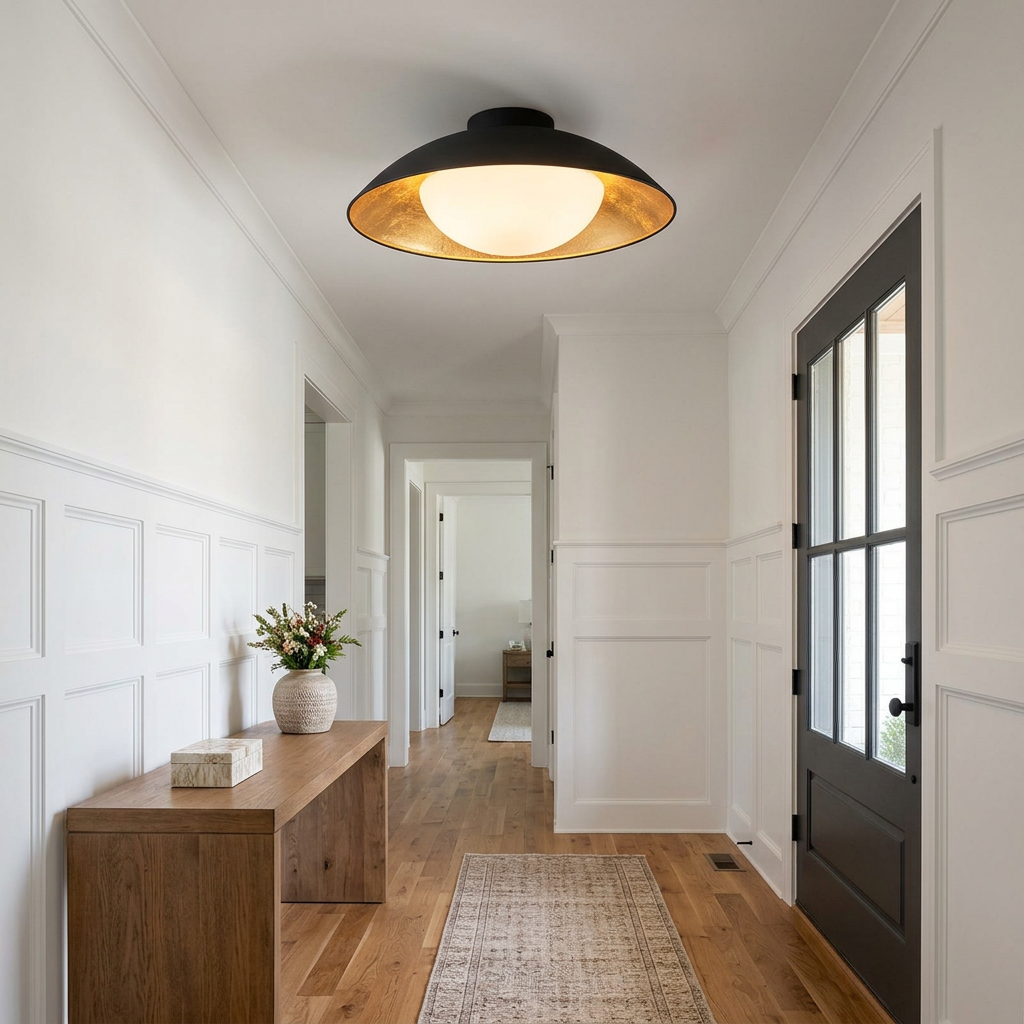 Ombrelle Dome Light in Black &amp; Gold in a farmhouse-style entry hallway