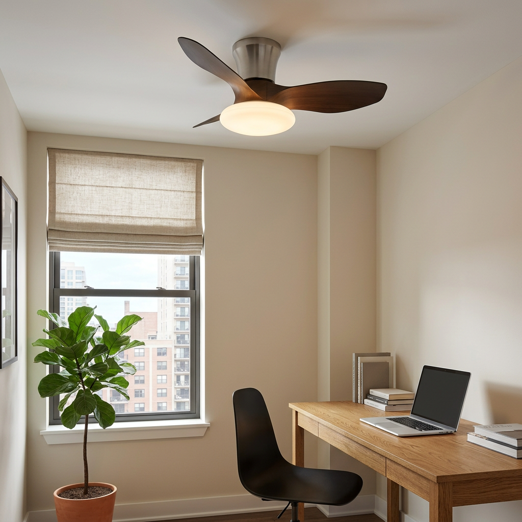 Brezza Ceiling Fan in Walnut Color &amp; Nickel in an apartment home office