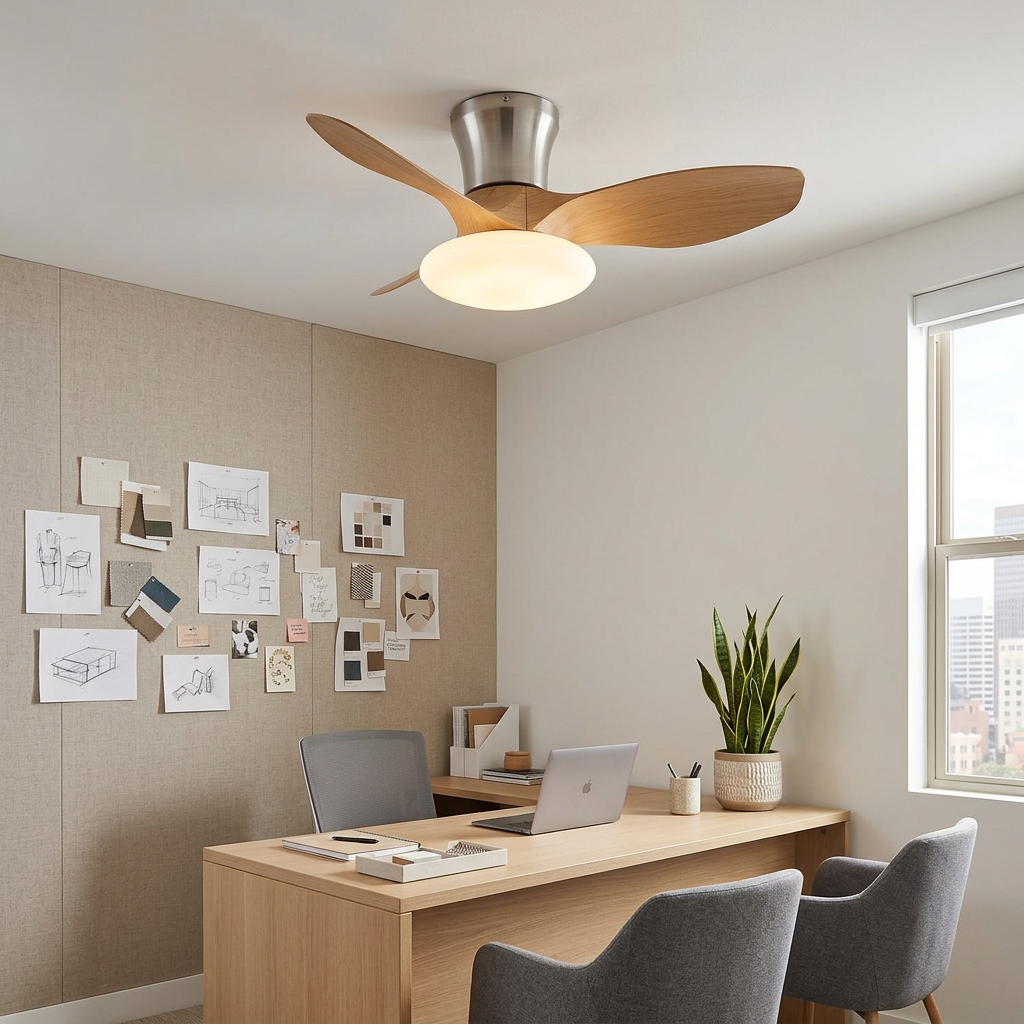Brezza Ceiling Fan in Wood Color &amp; Nickel in a private office