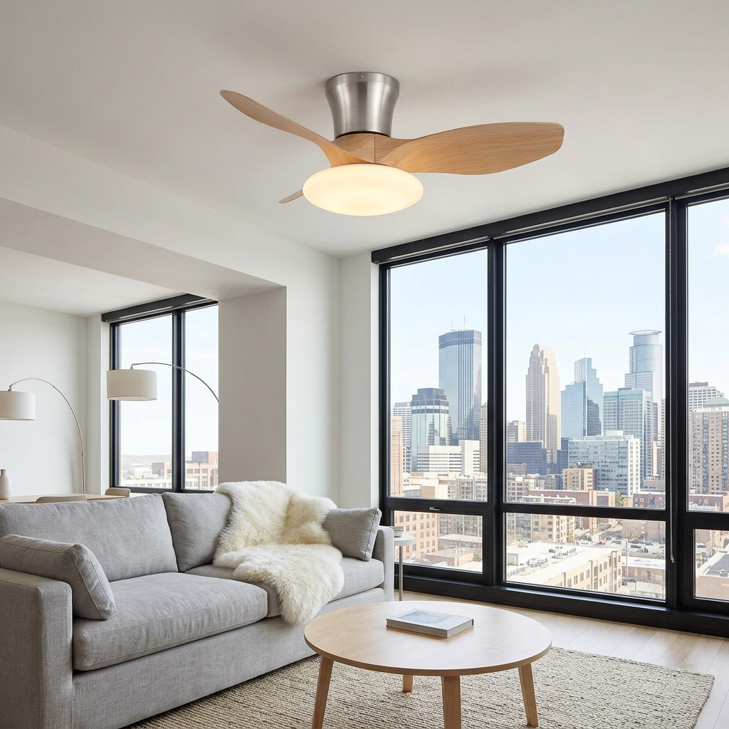 Brezza Ceiling Fan in Wood Color &amp; Nickel in a condo living room