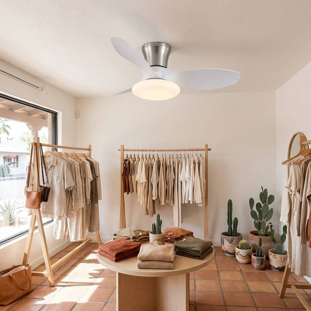 Brezza Ceiling Fan in White &amp; Nickel in a boutique clothing store