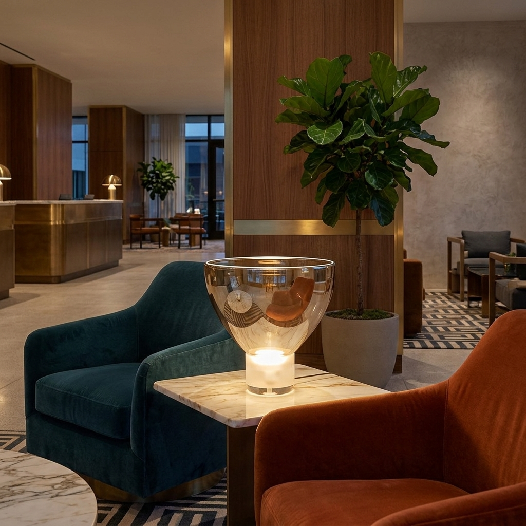 Ambrette Glass Bowl Table Lamp in Cognac hotel lobby