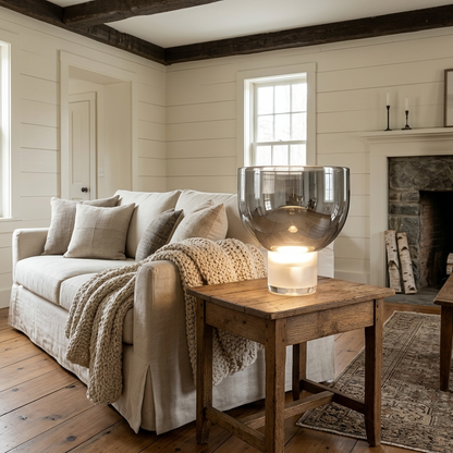 Ambrette Glass Bowl Table Lamp in Smoke grey farmhouse living room