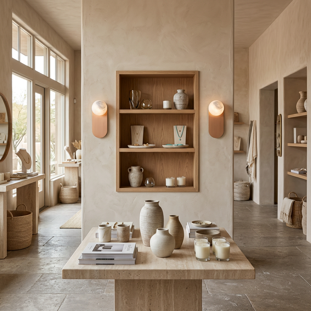 Corisande Alabaster Wall Sconce in Copper &amp; White in a boutique retail store