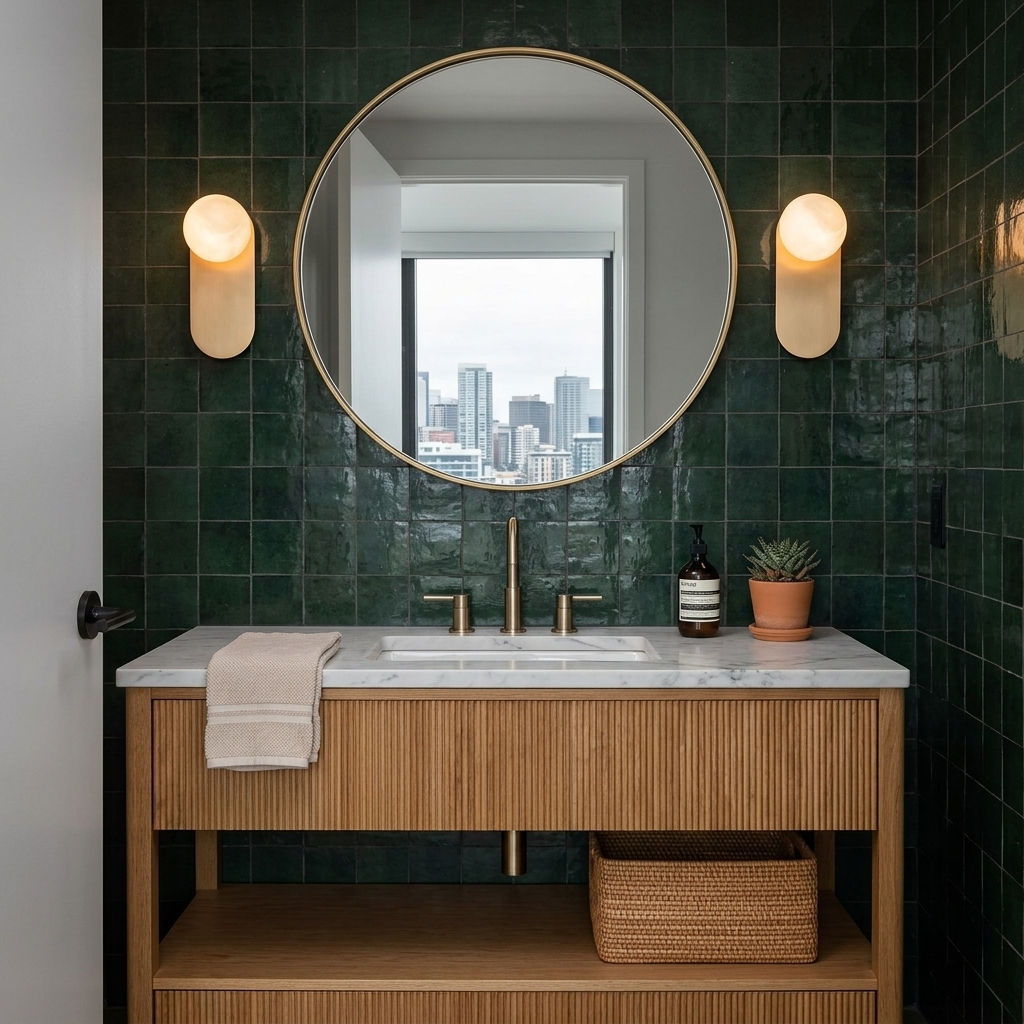 Corisande Alabaster Wall Sconce in Copper &amp; White flanking a powder room mirror