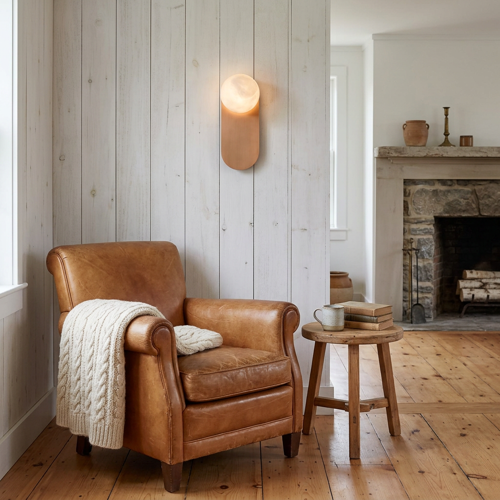 Corisande Alabaster Wall Sconce in Copper &amp; White beside a reading chair in a farmhouse living room