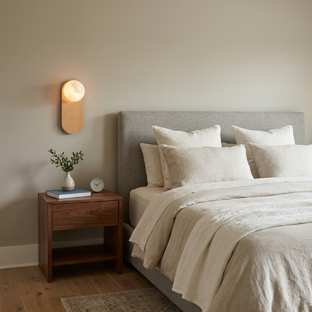 Corisande Alabaster Wall Sconce in Copper &amp; White beside a bed in a primary bedroom