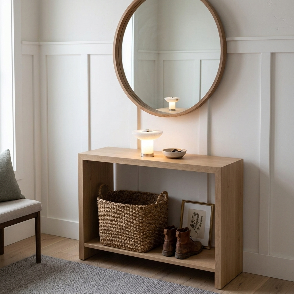 Lunaire Alabaster Cordless Lamp in Chrome &amp; White on an entryway console