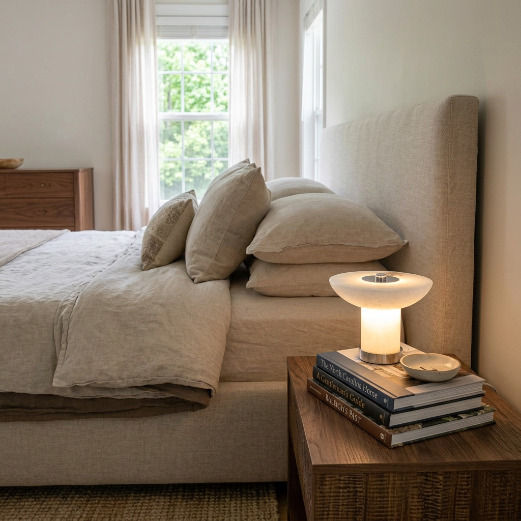 Lunaire Alabaster Cordless Lamp in Chrome &amp; White on a bedroom nightstand