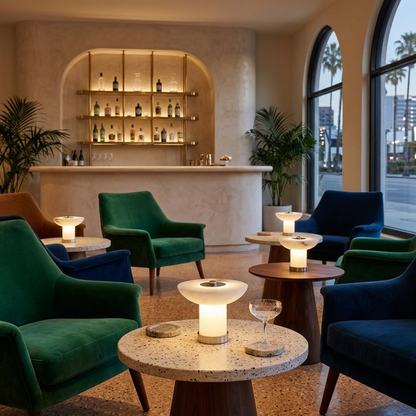 Lunaire Alabaster Cordless Lamp in Chrome &amp; White in a hotel lobby bar