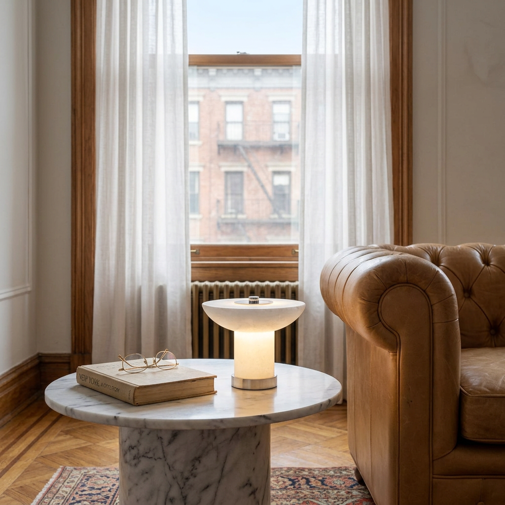 Lunaire Alabaster Cordless Lamp in Chrome &amp; White on a living room side table