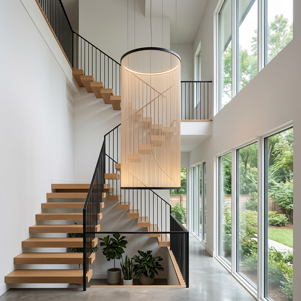 Filigrane Mesh Pendant in Model E wide cylinder, stairwell in Atlanta