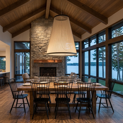 Filigrane Mesh Pendant in Model B wide cone, lake house great room in Lake Geneva