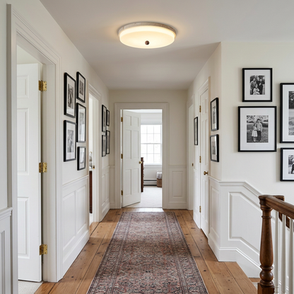 Saverio Travertine Ring Flush Mount in Yellow Travertine &amp; White upstairs hallway