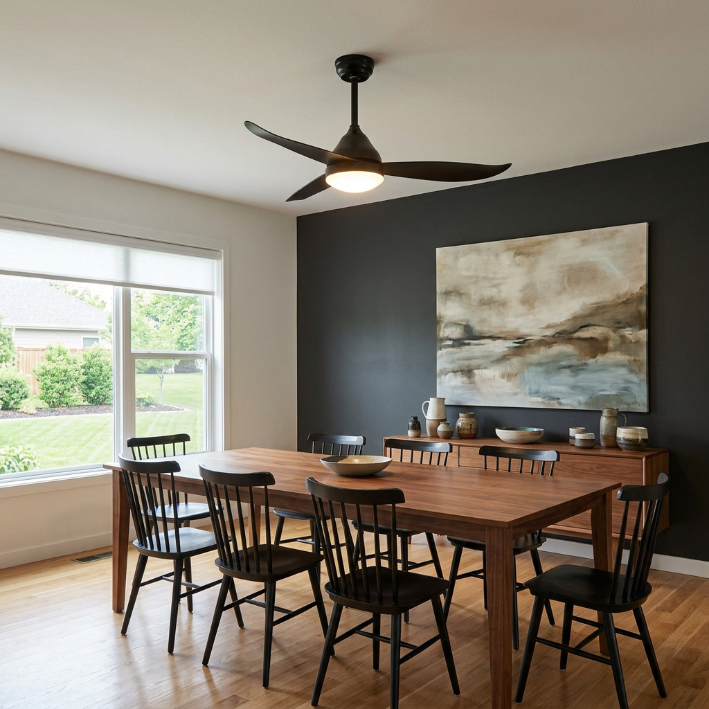Alize Ceiling Fan Light in Black in a Dallas dining room