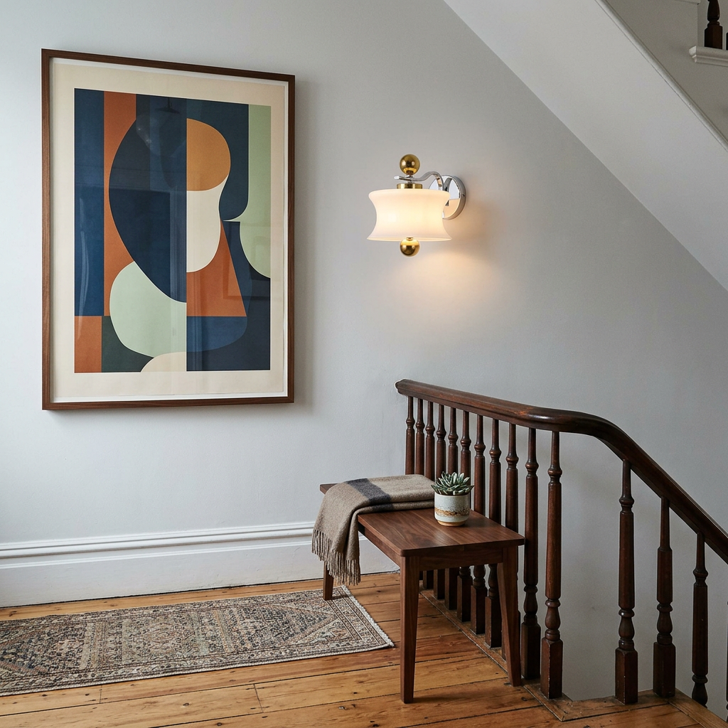 Lucienne Glass Drum Wall Sconce in White on a brownstone stair landing