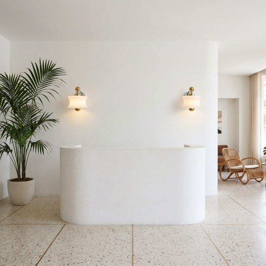 Lucienne Glass Drum Wall Sconce in White in a hotel lobby