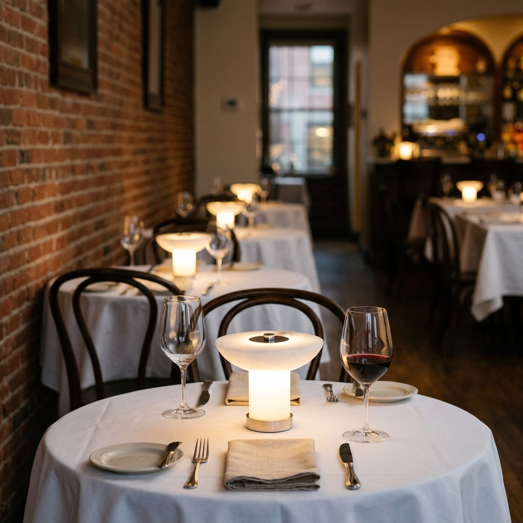 Lunaire Alabaster Cordless Lamp in Chrome &amp; White on a restaurant table