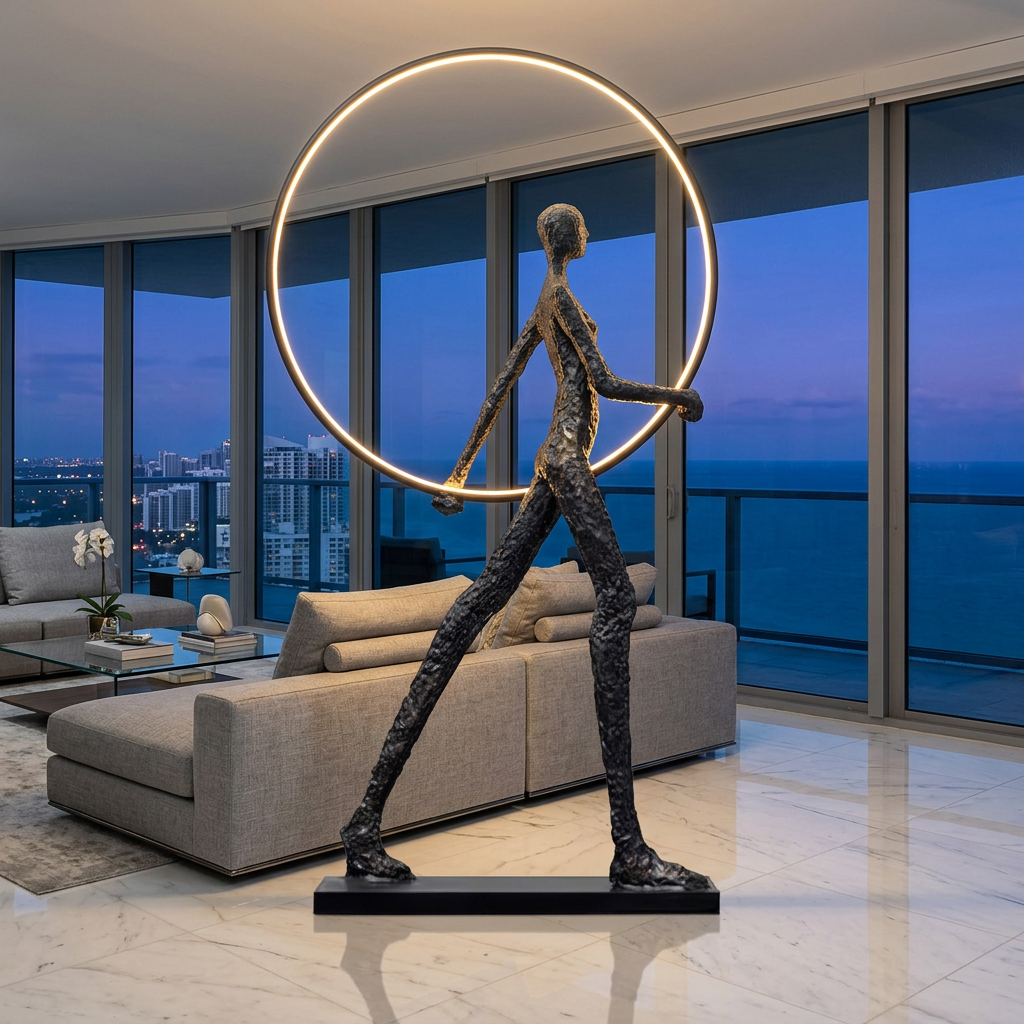Passeur Sculptural Figure LED Floor Lamp Model B (circle) in high-rise apartment