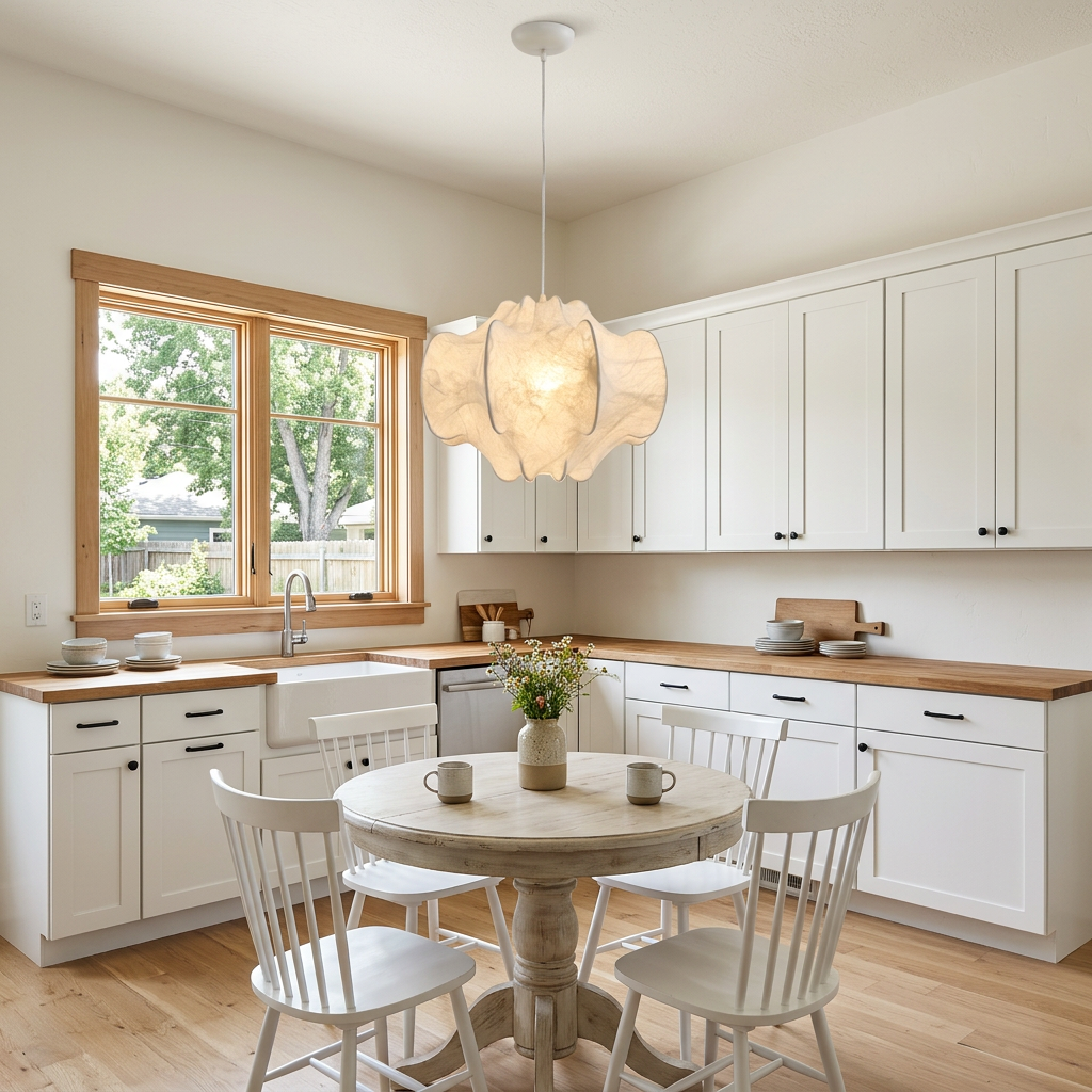 Bombyx Silk Cocoon Pendant Light in White farmhouse kitchen