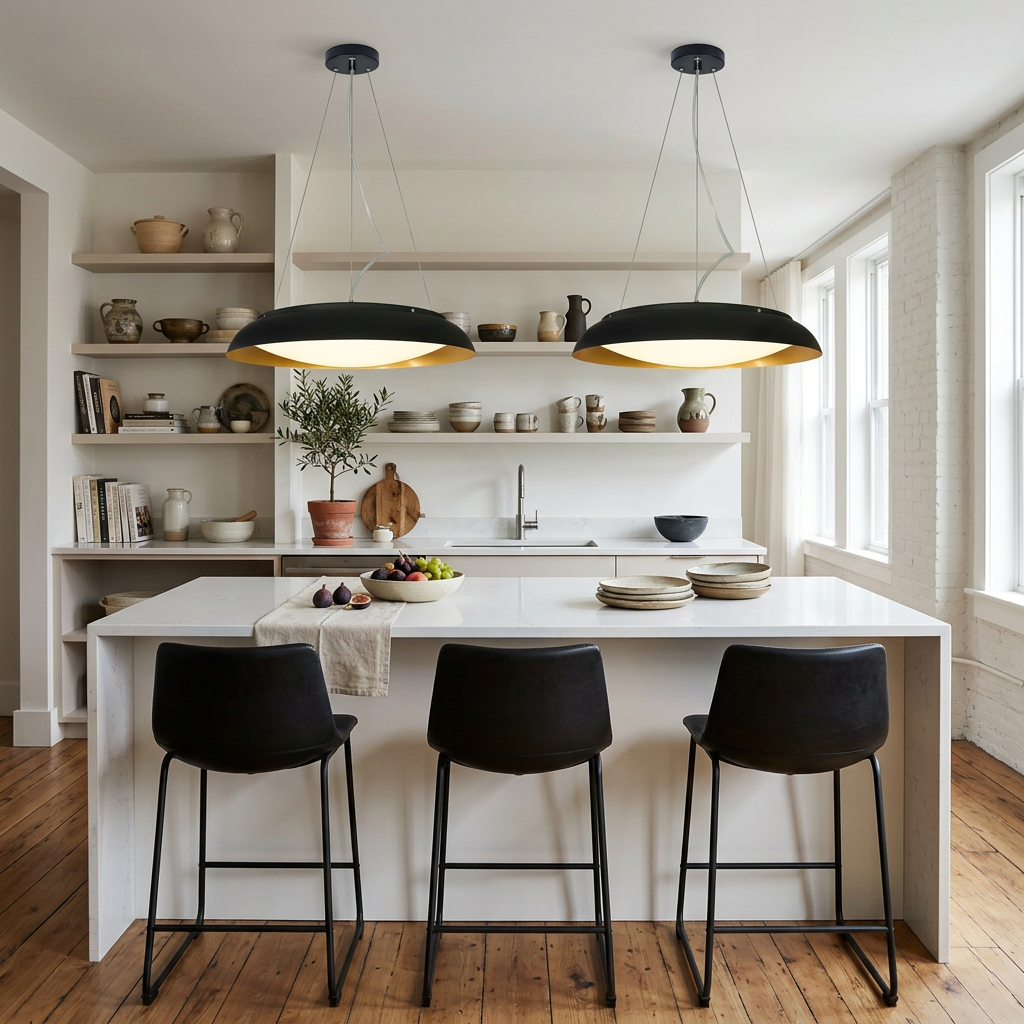 Pair of Avenne black disc LED pendant lights over a kitchen island