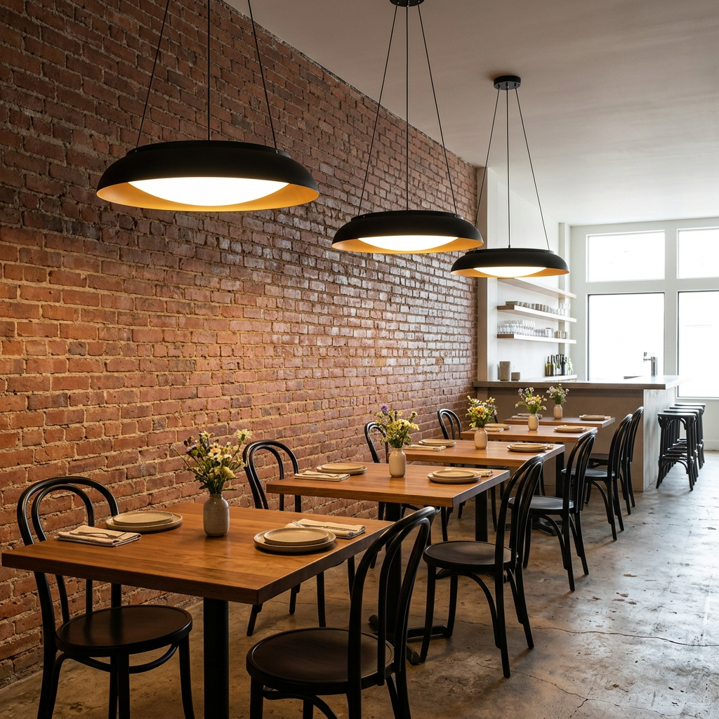 Row of Avenne black disc LED pendant lights in a brick wall restaurant