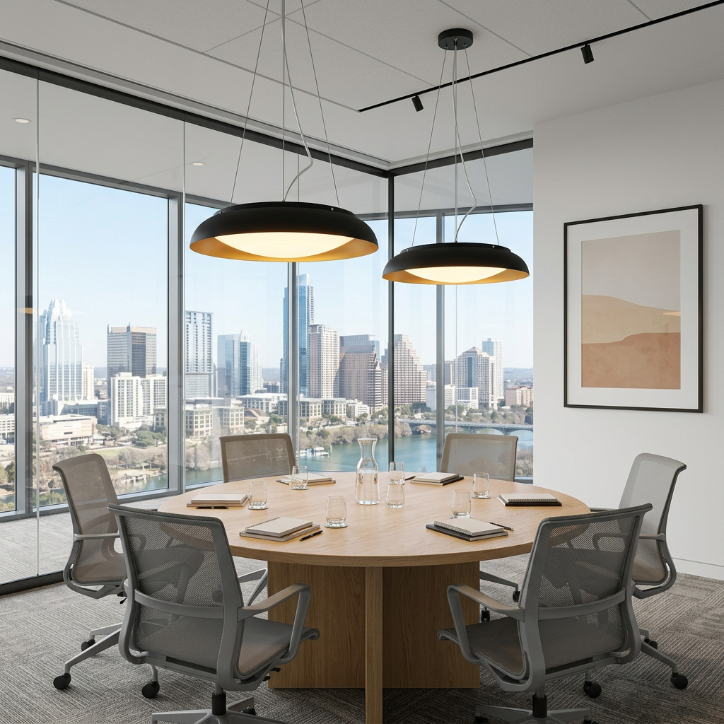 Avenne black disc LED pendant lights over an office conference table
