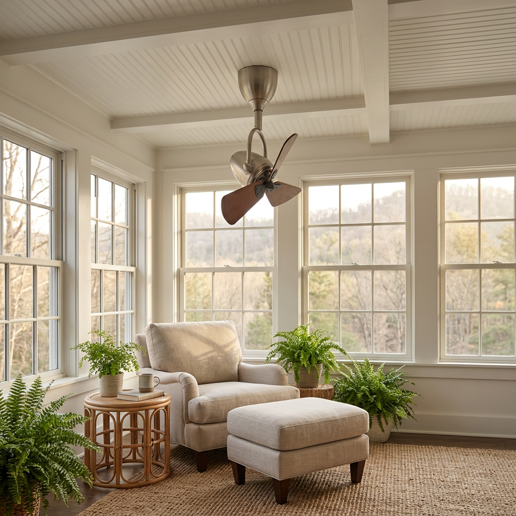 Cyrene walnut articulated ceiling fan in a farmhouse sunroom