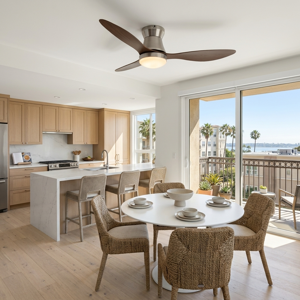 Dorae walnut and nickel ceiling fan light over a dining table in an apartment kitchen