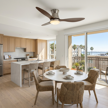 Dorae walnut and nickel ceiling fan light over a dining table in an apartment kitchen