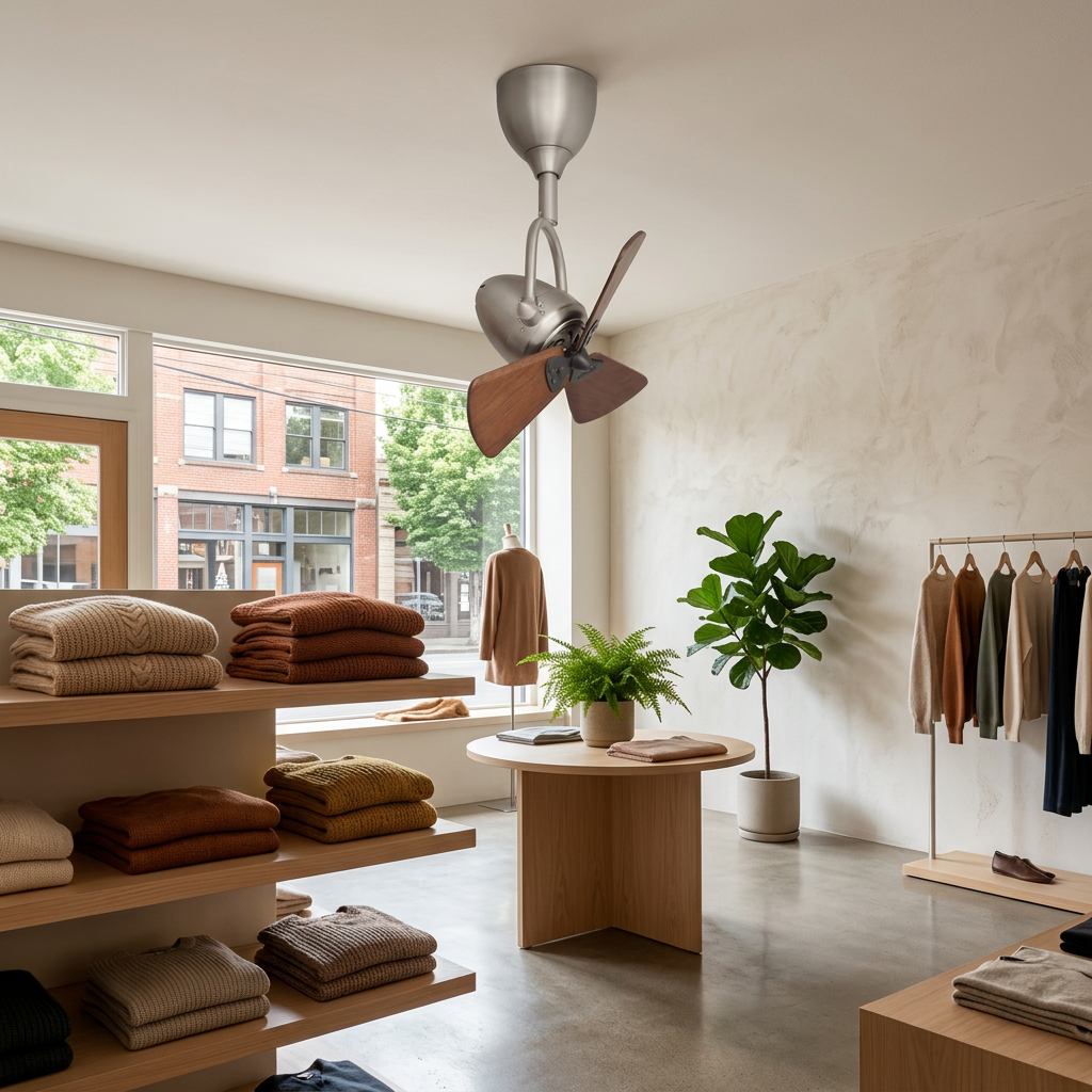 Cyrene walnut articulated ceiling fan in a boutique clothing store