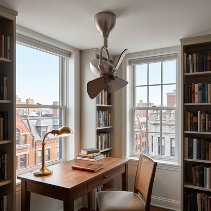 Cyrene walnut articulated ceiling fan above a desk in an apartment home office