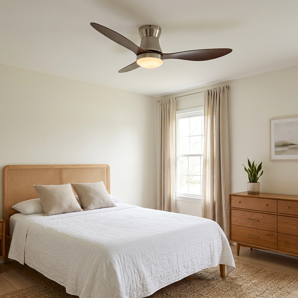 Dorae walnut and nickel ceiling fan light above a bed in a guest bedroom