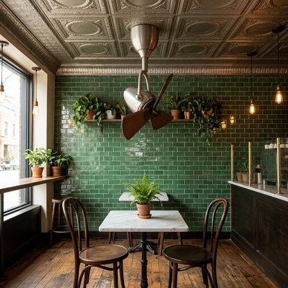 Cyrene walnut articulated ceiling fan above a bistro table in a cafe