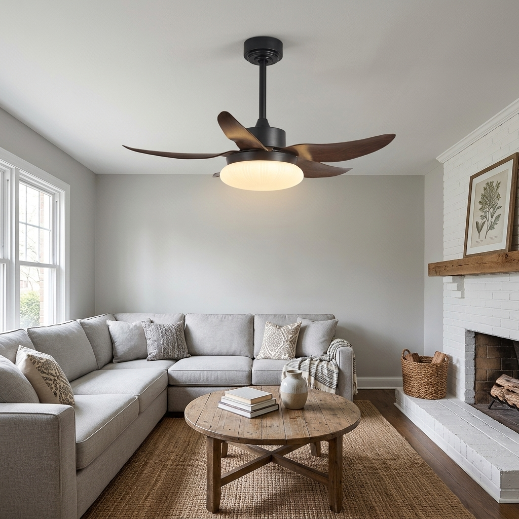 Belline walnut palm blade ceiling fan light in a suburban living room