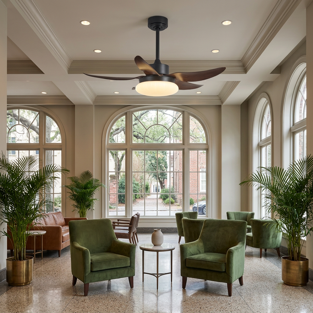 Belline walnut palm blade ceiling fan light in a hotel lobby lounge