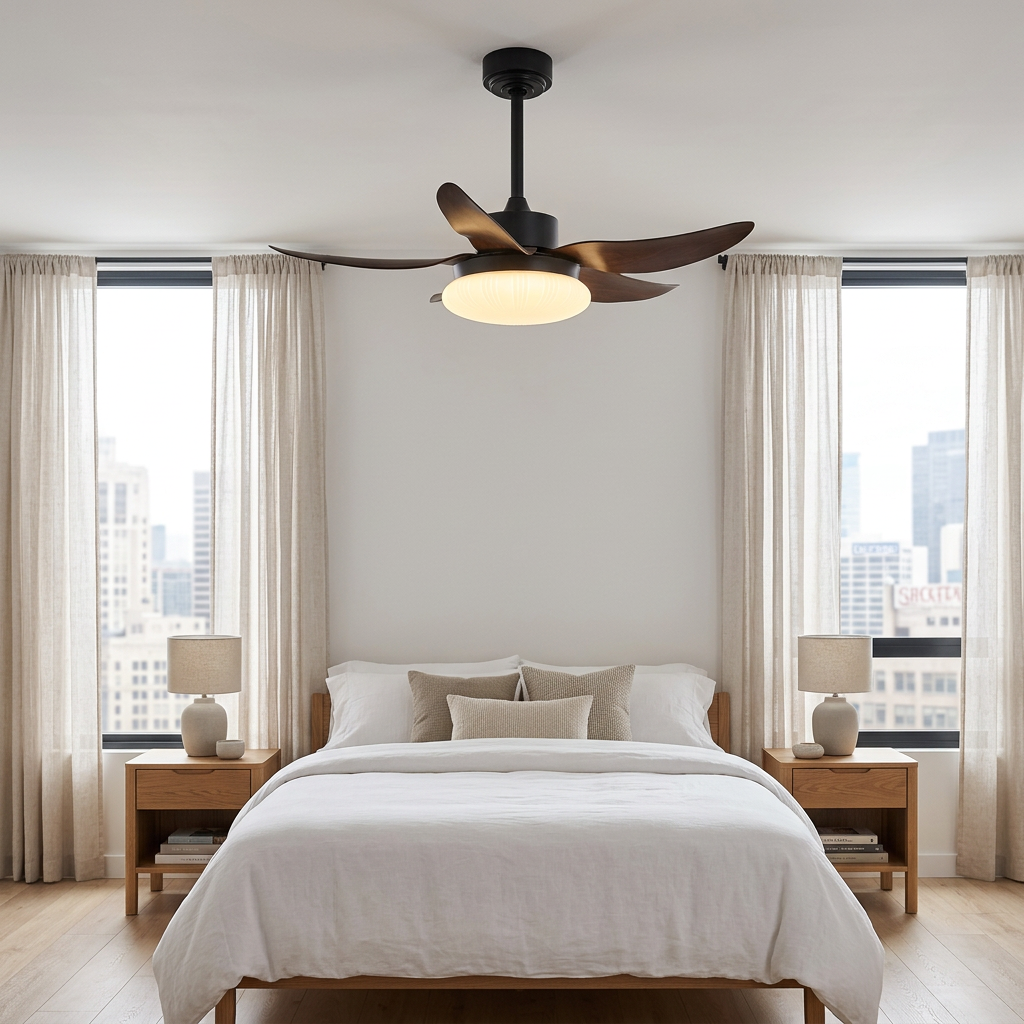 Belline walnut palm blade ceiling fan light in an apartment bedroom