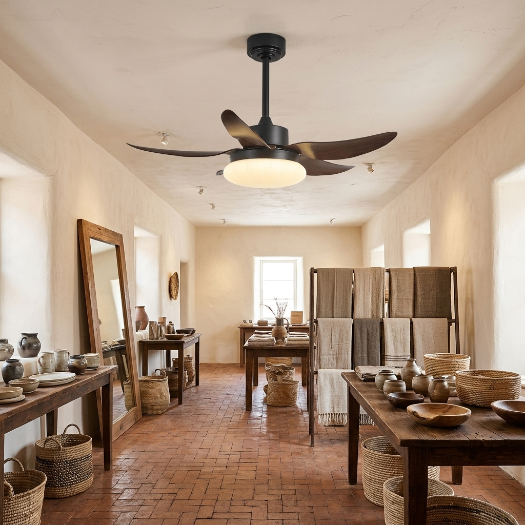Belline walnut palm blade ceiling fan light in a home decor boutique