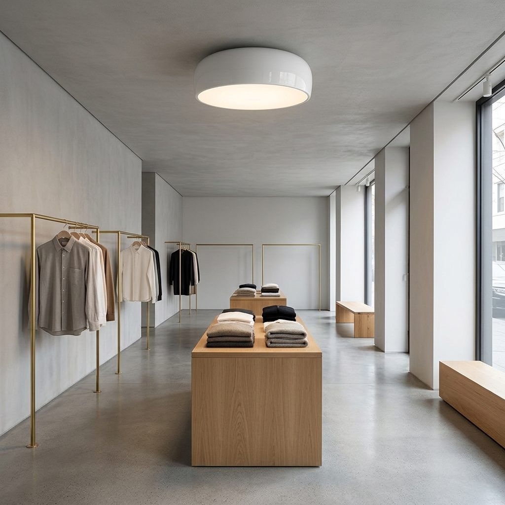 Corvina dome ceiling light in White in a minimalist clothing boutique