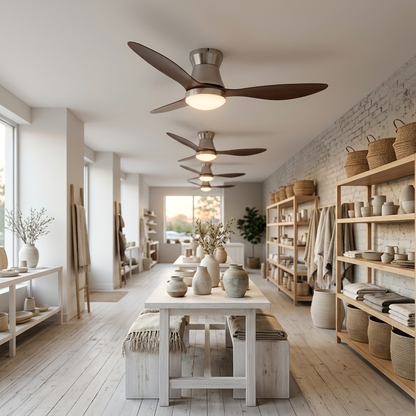 Dorae walnut and nickel ceiling fan lights in a home goods store